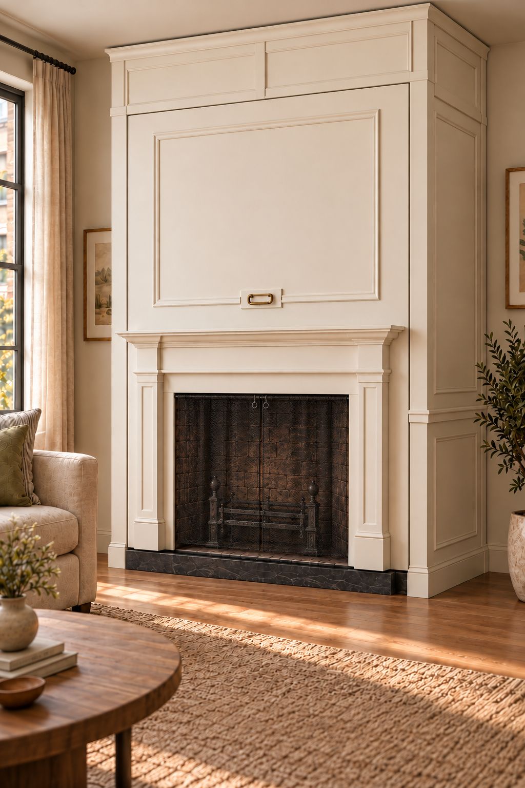 Classic fireplace surround on a plain wall
