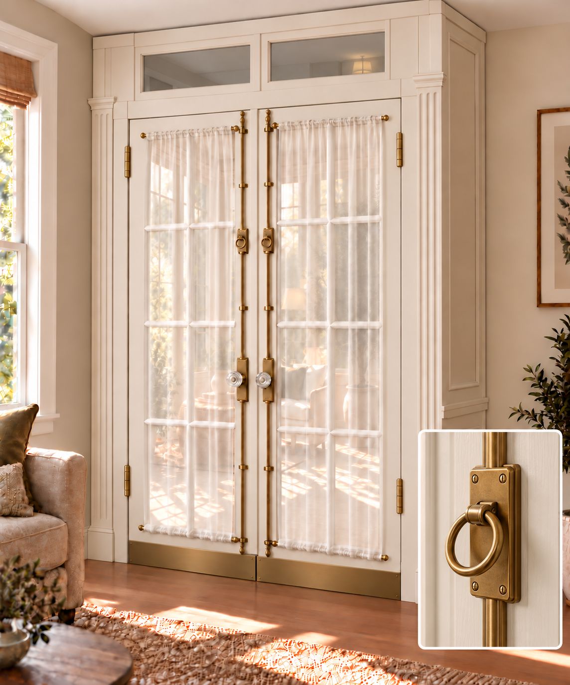 Glazed French doors with sheer curtains